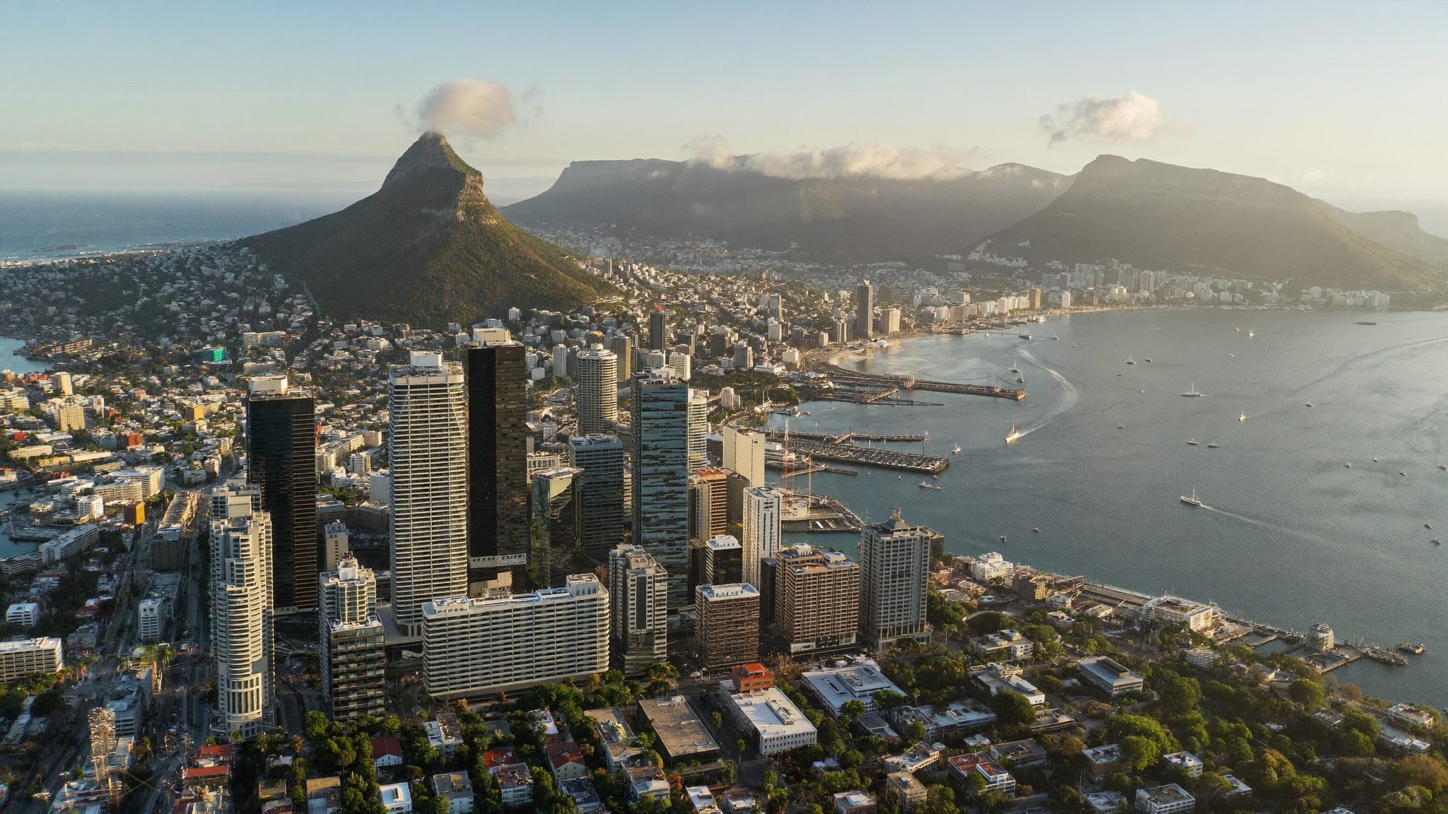 Aerial view of Cape Town harbour and business district buildings