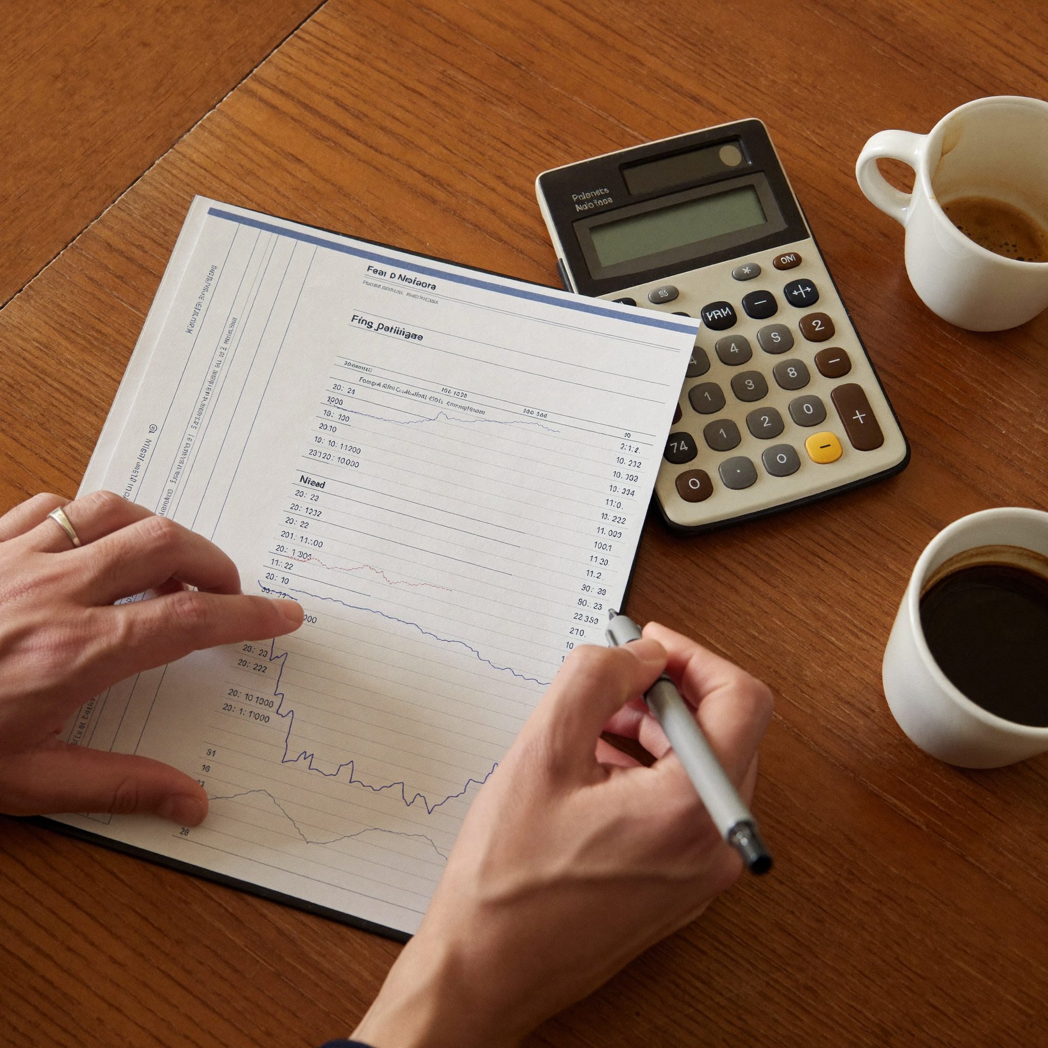 Hands annotating figures in a financial ledger